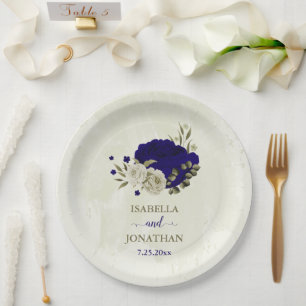 Royal blue beige floral wedding paper plates