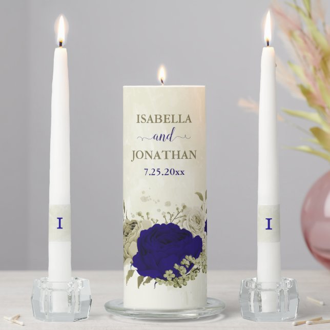 Royal blue beige floral wedding unity candle set (In Situ)