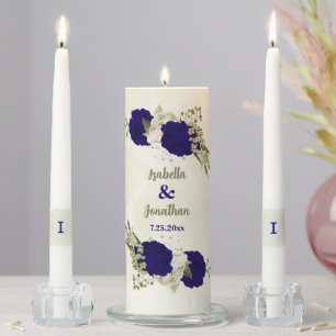 Royal blue beige floral wedding unity candle set