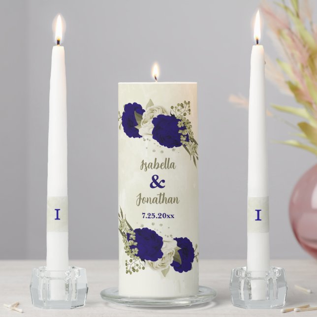 Royal blue beige floral wedding unity candle set (In Situ)