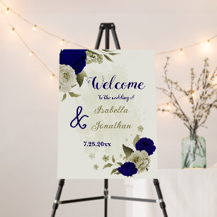 Royal blue beige floral wedding welcome sign