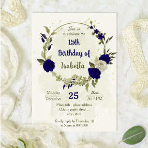 Royal blue beige flowers botanical birthday invitation
