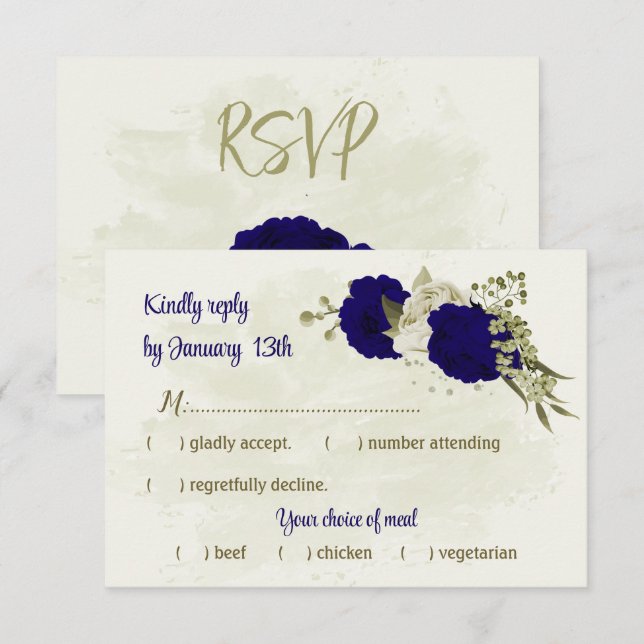 Royal blue beige flowers botanical wedding RSVP card (Front/Back)