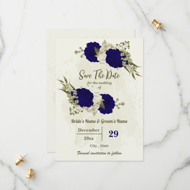 Royal blue beige flowers botanical wedding save the date (Front/Back In Situ)
