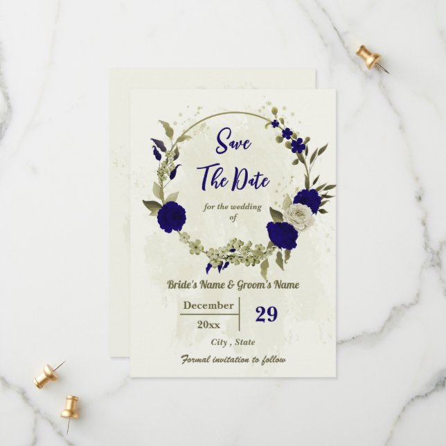 Royal blue beige flowers botanical wedding save the date (Front/Back In Situ)