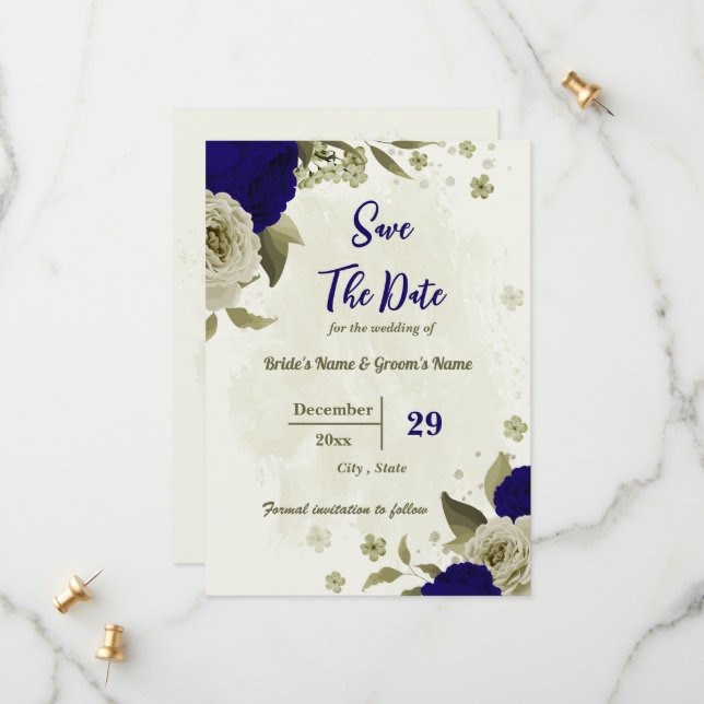 Royal blue beige flowers botanical wedding save the date (Front/Back In Situ)
