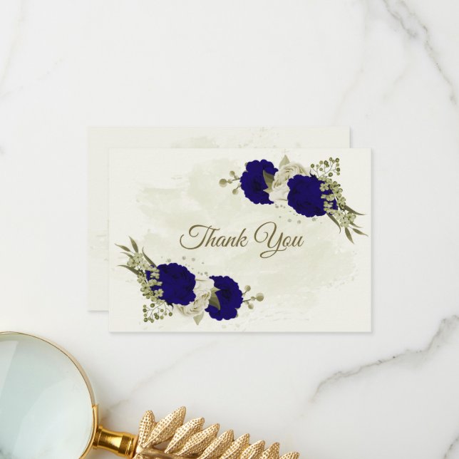 Royal blue beige flowers botanical wedding thank you card (Front/Back In Situ)