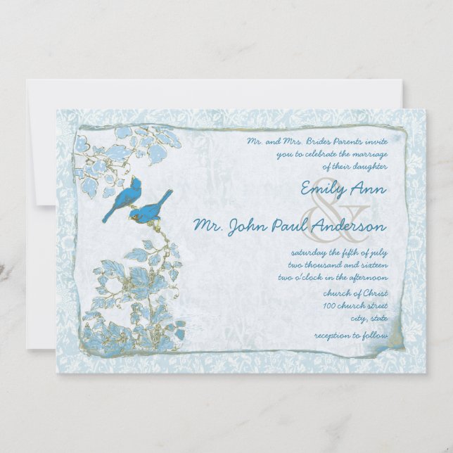 Royal Blue Birds Damask Pink Font Wedding Invite (Front)