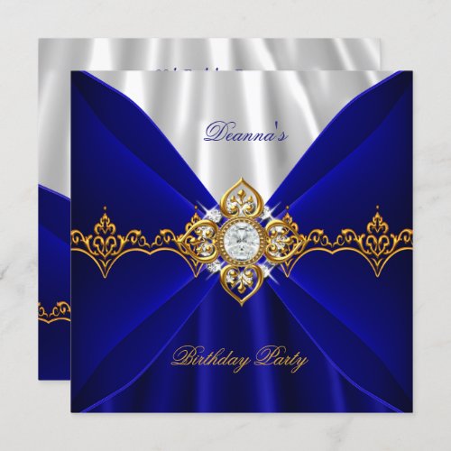 Royal Blue Birthday Gold Jewel White Silk 2 Invitation