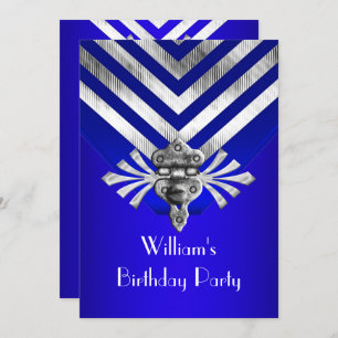 Royal Blue Birthday Party Silver Stripe Invitation