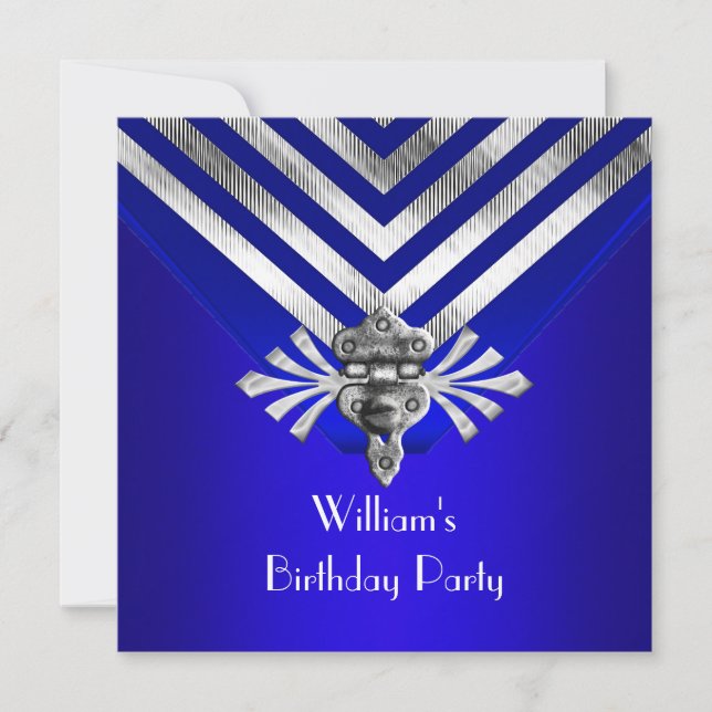 Royal Blue Birthday Party Silver Stripe Invitation (Front)