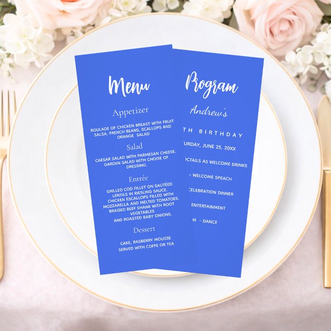 Royal blue birthday program dinner menu card (Creator Uploaded)