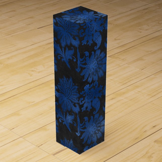 Royal Blue, Black and Silver Damask Wine Box (Front)
