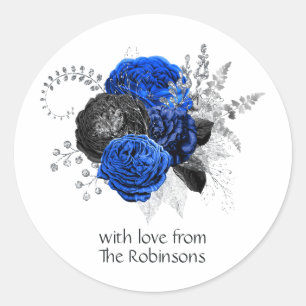 Royal Blue, Black and Silver Floral Classic Round Sticker