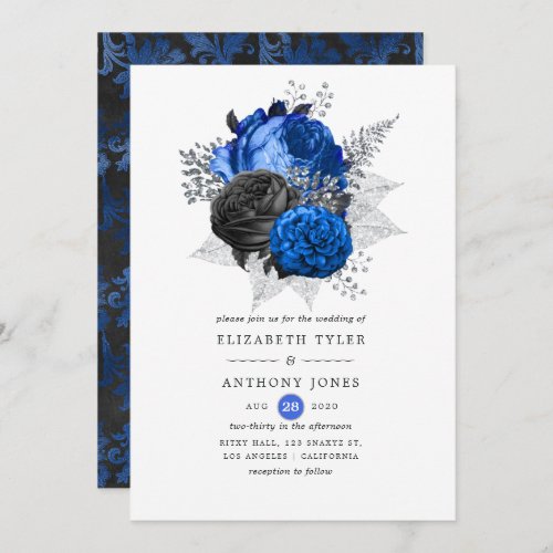 Royal Blue Black and Silver Floral Wedding Invitation