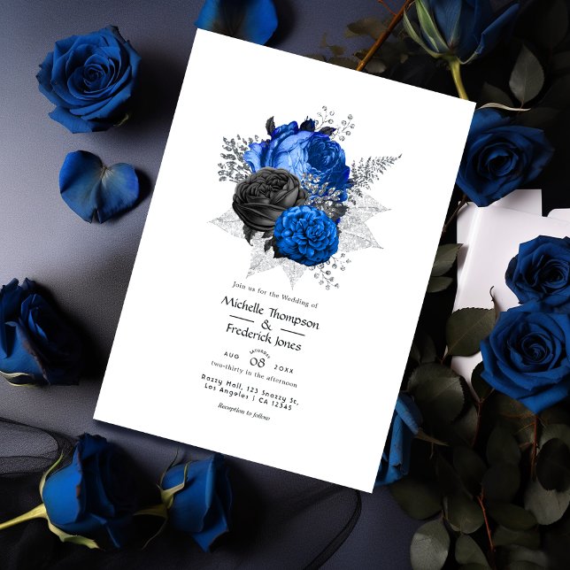 Royal Blue, Black and Silver Floral Wedding Invitation (Creator Uploaded)