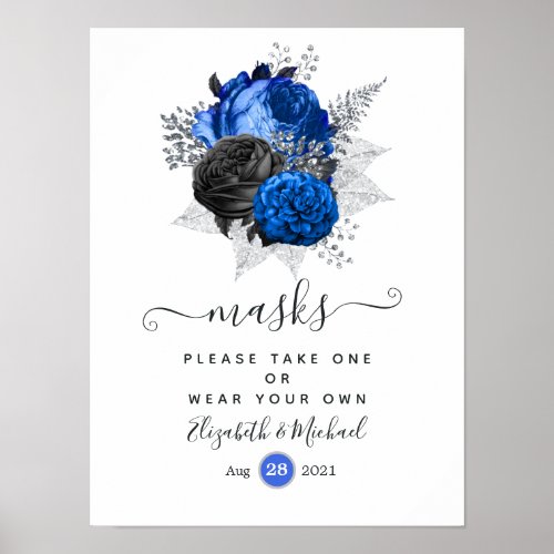 Royal Blue Black and Silver Floral Wedding Masks Poster