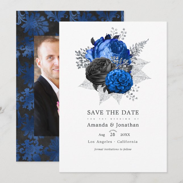 Royal Blue, Black and Silver Floral Wedding Photo Save The Date (Front/Back)