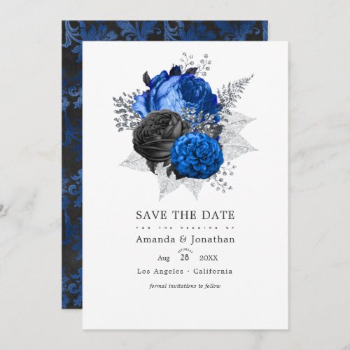 Royal Blue Black and Silver Floral Wedding Photo Save The Date