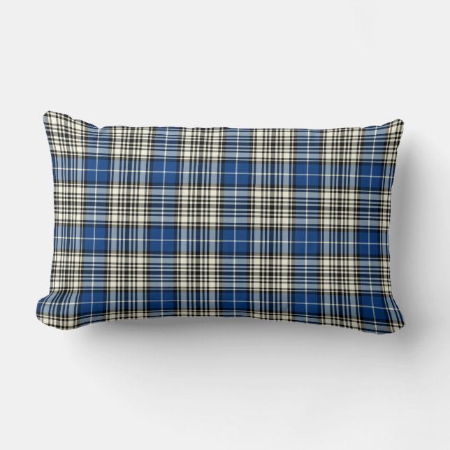 Royal Blue, Black and White Napier Clan Plaid Lumbar Pillow (Front)