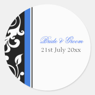 Royal Blue Black and White Swirl Floral Wedding Classic Round Sticker