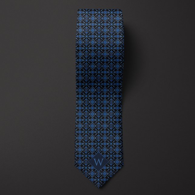 Royal Blue & Black Arabesque Monogram Neck Tie (Creator Uploaded)