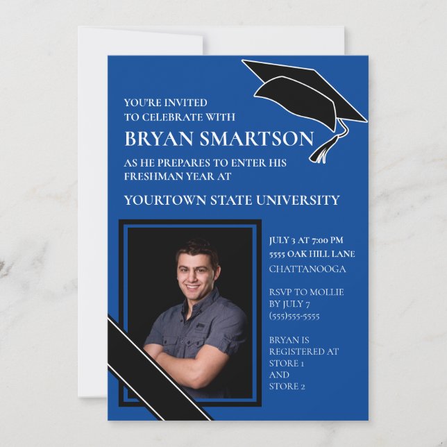 Royal Blue Black College Trunk Party Photo Invitation (Front)