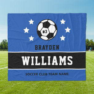 Royal Blue Black Custom Soccer Name Number Fleece Blanket