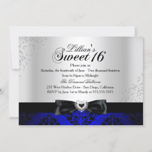 Royal Blue Black Damask Sparkle Sweet 16 Invite