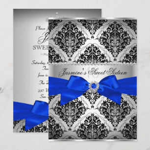 Royal Blue & Black Damask Sweet 16 Invitation