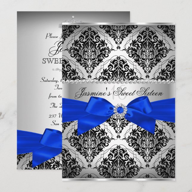 Royal Blue & Black Damask Sweet 16 Invitation (Front/Back)