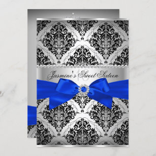 Royal Blue & Black Damask Sweet 16 Invitation