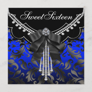 Royal Blue Black Damask Sweet Sixteen Birthday Par Invitation