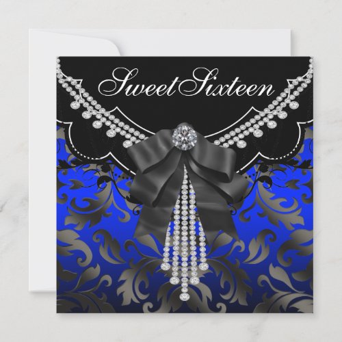 Royal Blue Black Damask Sweet Sixteen Birthday Par Personalized Invites