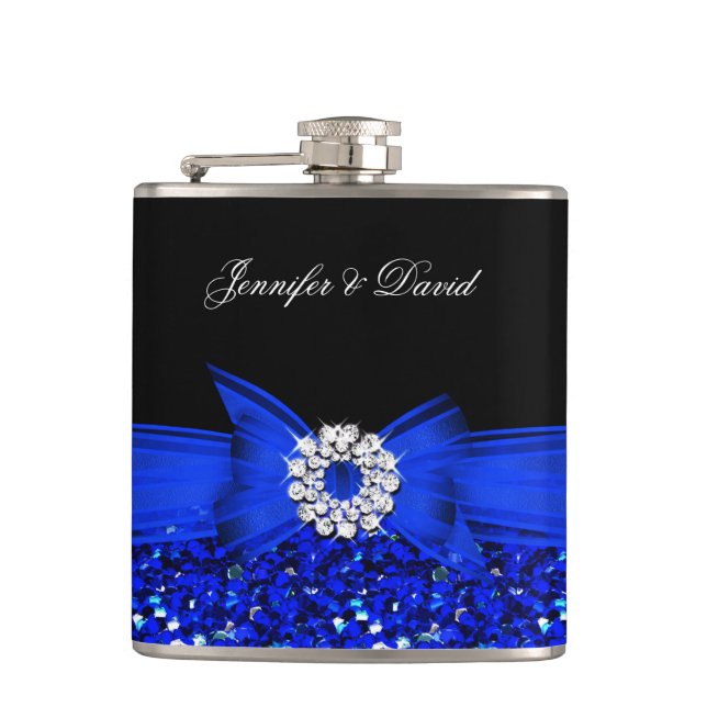 Royal Blue Black Diamond Wedding Engagement Hip Flask (Front)