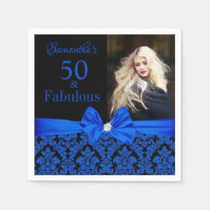 Royal Blue Black Floral Damask 50th Birthday Photo Napkins
