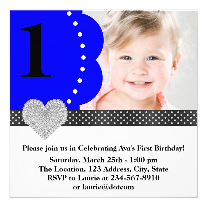 Royal Blue Black Girls Photo 1st Birthday Party Personalized Invitations