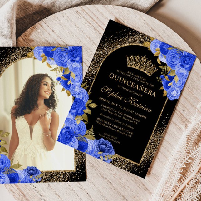 Royal Blue Black Gold Floral Photo Quinceanera Invitation (Creator Uploaded)