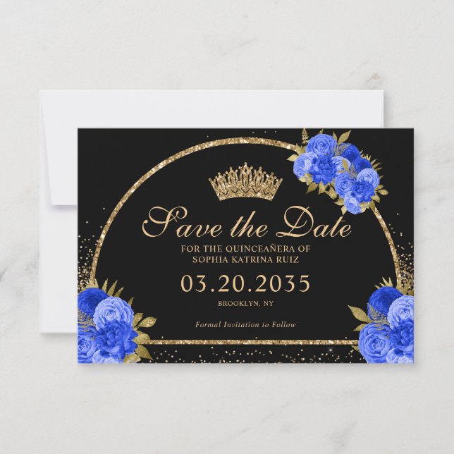 Royal Blue Black Gold Glitter Floral Quinceanera Save The Date (Front)