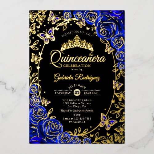 Royal Blue Black Gold Roses Quinceanera Foil Invitation