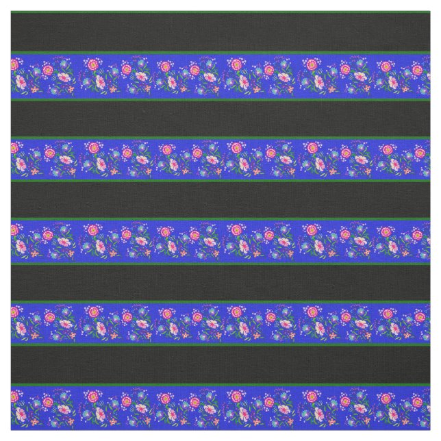 Royal blue/black, green pin stripe, folk floral fabric (Swatch)