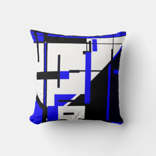 Royal Blue, Black on White Geometric Abstract Art Throw Pillow