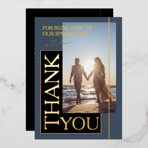 Royal Blue Black Photo Wedding Thank You Gold Foil Invitation