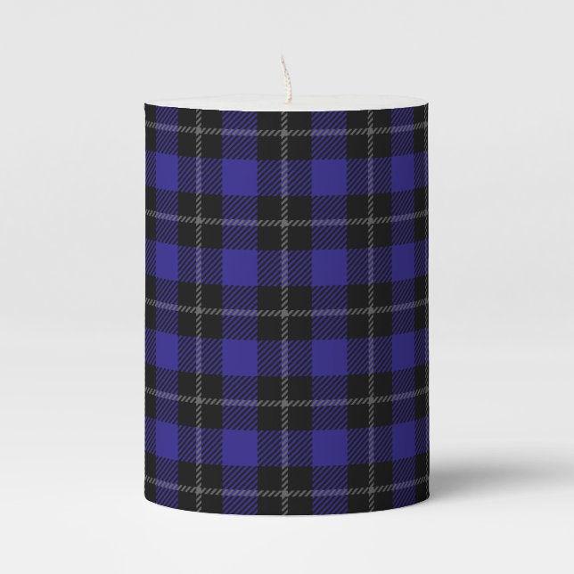 Royal Blue Black Plaid Pillar Candle (Front)
