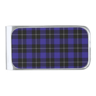 Royal Blue Black Plaid Silver Finish Money Clip
