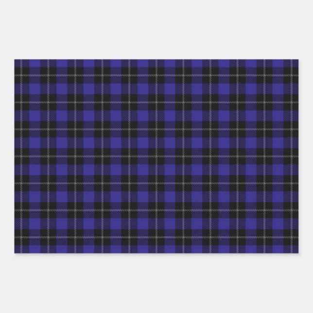 Royal Blue Black Plaid Wrapping Paper Sheets (Front)