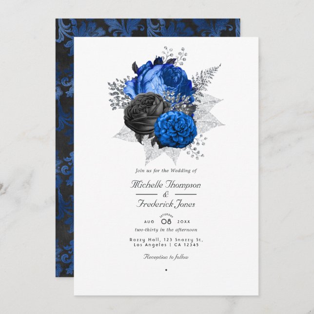 Royal Blue, Black & Silver Floral QR Code Wedding Invitation (Front/Back)