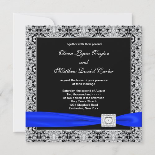 Royal Blue Black Silver Lace Wedding Invitation