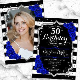 Royal Blue Black Silver Photo 50th Birthday Invitation