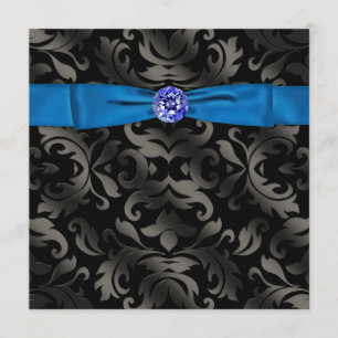 Royal Blue Black Tie Black Damask Party Invitation